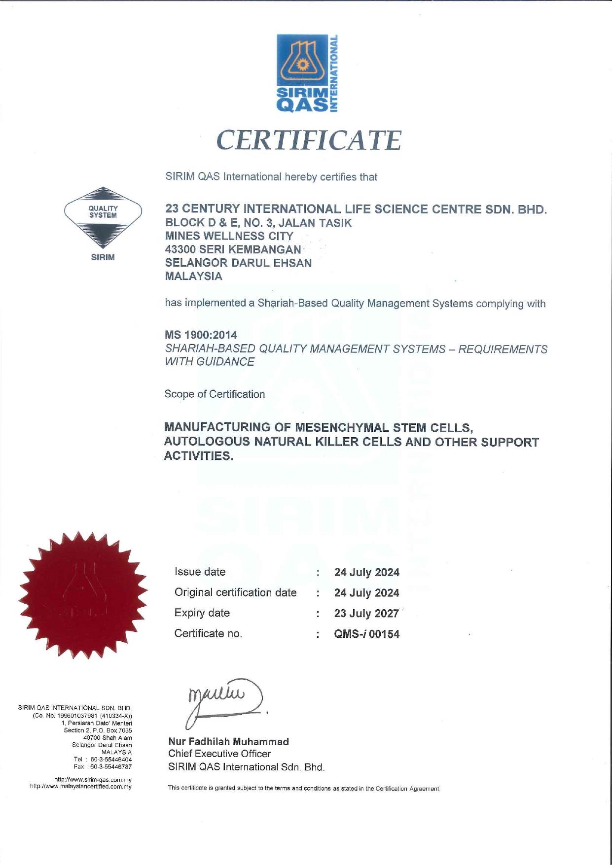 Shariah Compliance Certificate — 23C Life Science Centre